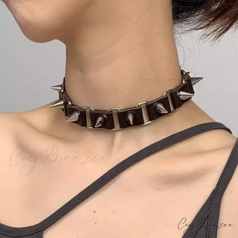Punk Gothic Rivet Choker Leather Necklace BLACK