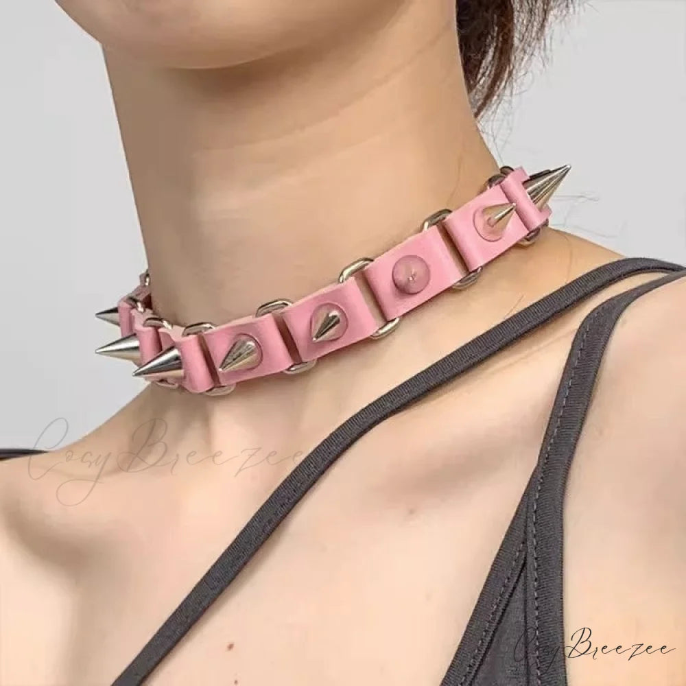 Punk Gothic Rivet Choker Leather Necklace PINK