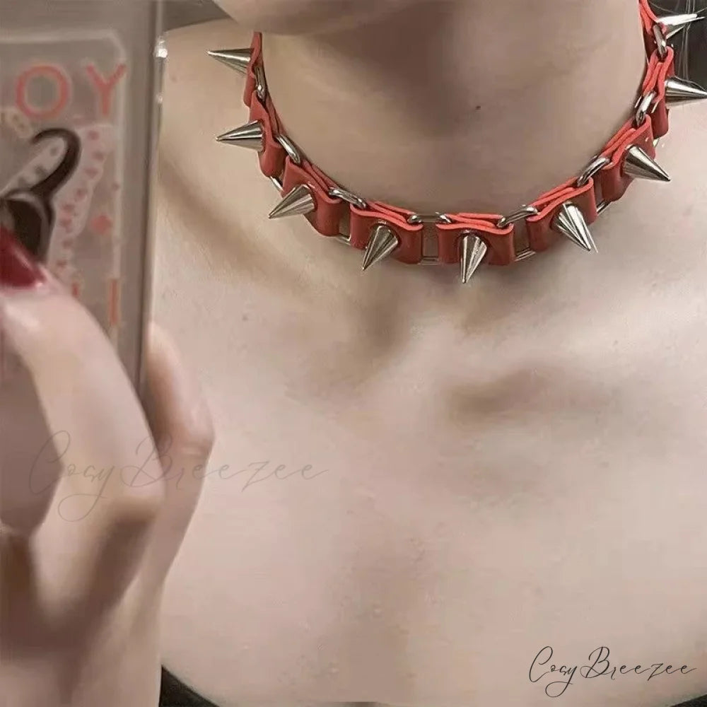 Punk Gothic Rivet Choker Leather Necklace RED