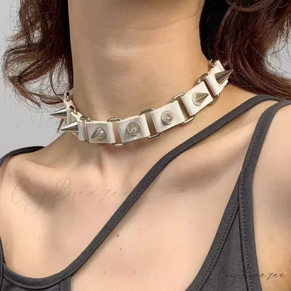 Punk Gothic Rivet Choker Leather Necklace WHITE