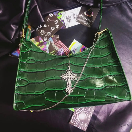 Punk Gothic Y2k High Street Cross Chains Crocodile Pattern Green Underarm Bag