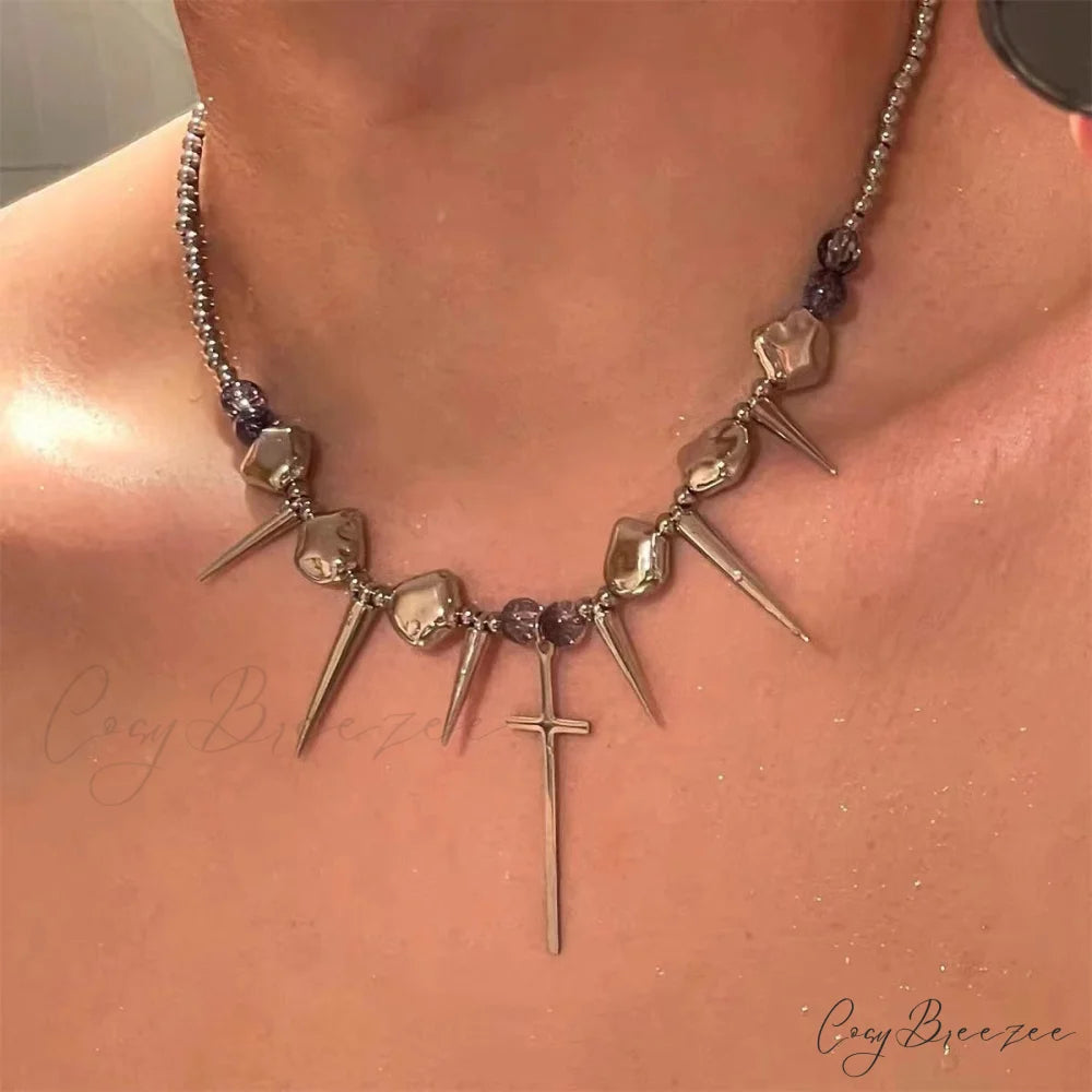 Punk Rivet Cross Titanium Steel Hip-hop Sweet Cool Tassel Necklace GOLD
