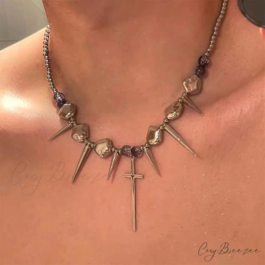 Punk Rivet Cross Titanium Steel Hip-hop Sweet Cool Tassel Necklace GOLD