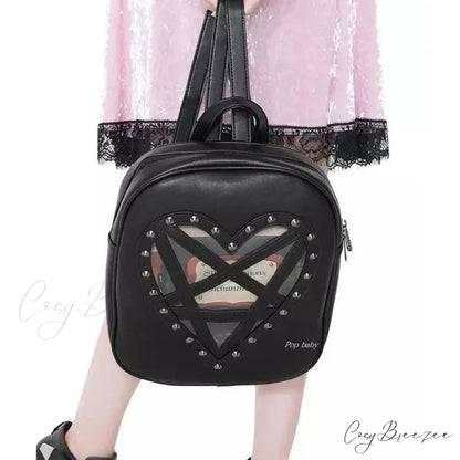 Punk Rock Black PU Leather Hollow Out Pentacle Heart Gothic Cosplay Bag Black / 33cm 28cm 7cm