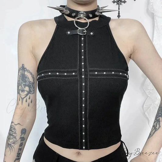 Punk Streetwear Backless Off Shoulder Crop Top Black / S
