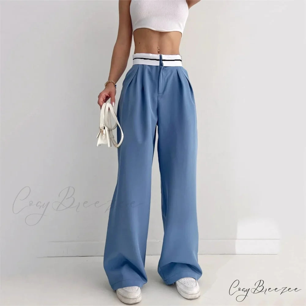 Pure Color High Waist Slim Pants Blue / S pants-241228