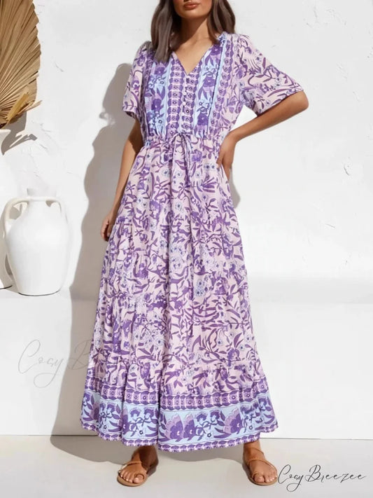 Purple Floral Print Button V-neck Pleated Rayon Maxi Dress PURPLE / S bohodress-250126