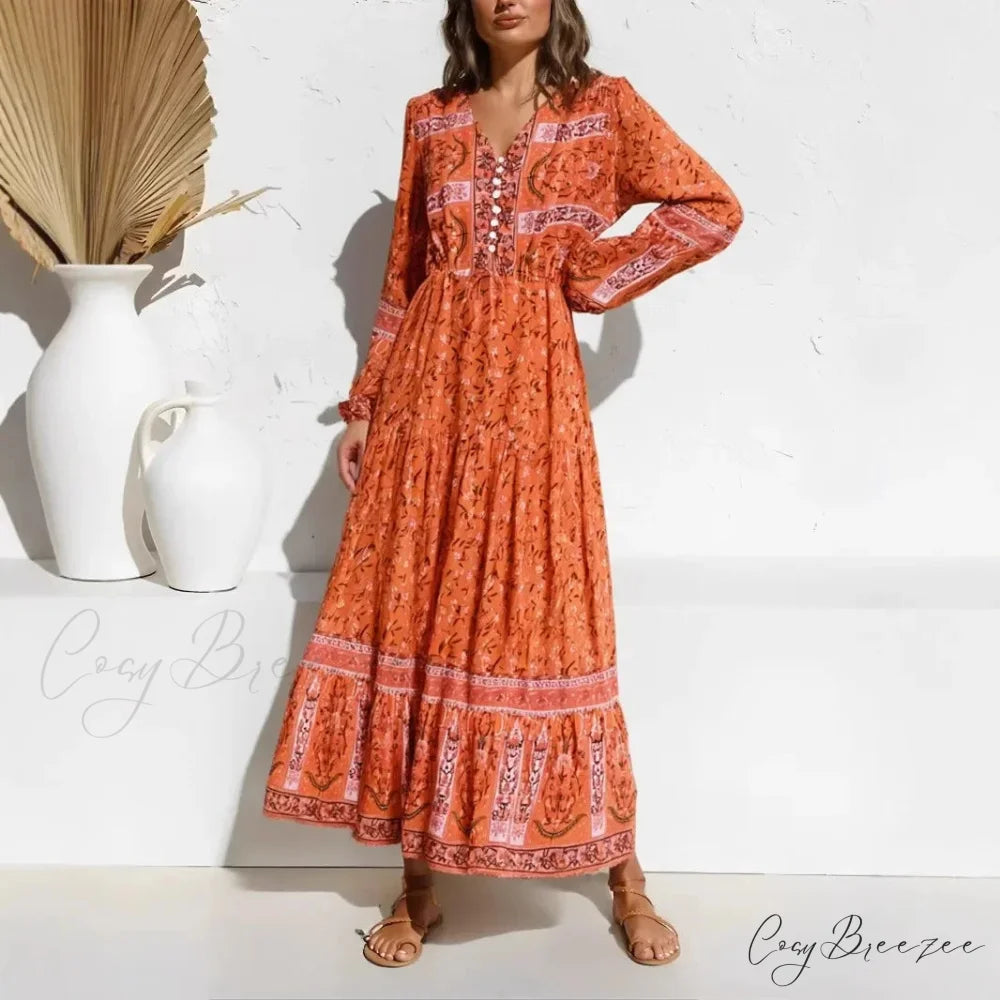 Purple Floral Print Lantern Sleeve V-neck Rayon Maxi Dress Orange / S bohodress-250126