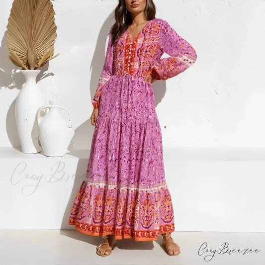 Purple Floral Print Lantern Sleeve V-neck Rayon Maxi Dress Purple / S bohodress-250126