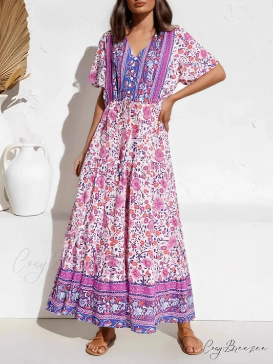 Purple Floral Print Short Sleeve Tassel Ruffles Rayon Maxi Dress purple / S bohodress-250126