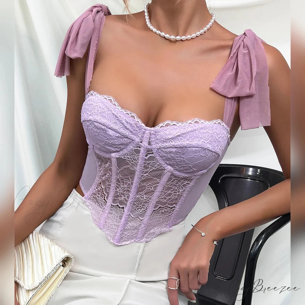 Purple Lace Bow Shoulder Strap Fishbone Crop Top croptop-250126