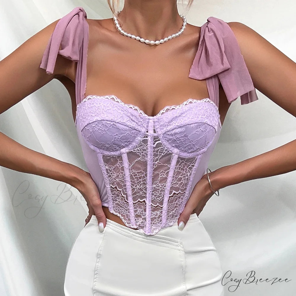 Purple Lace Bow Shoulder Strap Fishbone Crop Top Purple / S croptop-250126