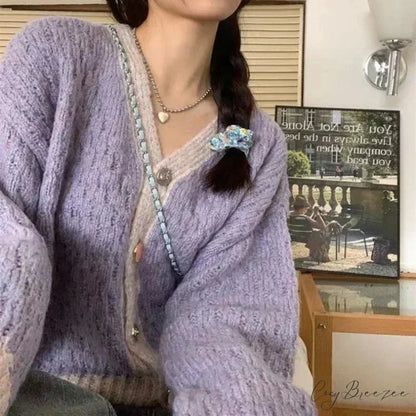 Purple Patchwork Loose Soft V-Neck Knitted Cardigan Purple / One Size cardiagn-250126