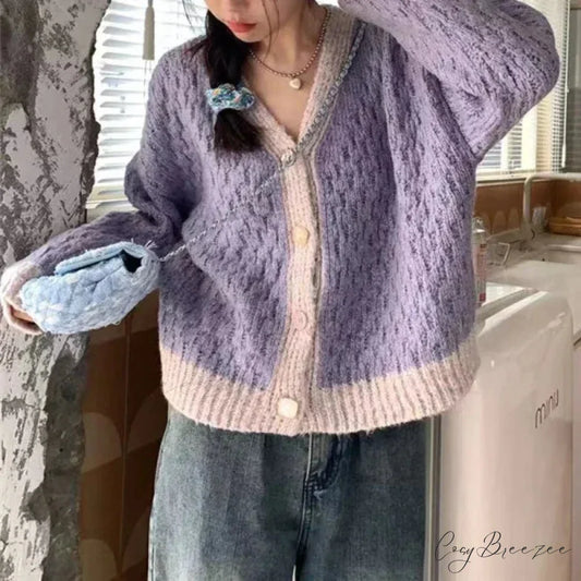 Purple Patchwork Loose Soft V-Neck Knitted Cardigan Purple / One Size cardiagn-250126