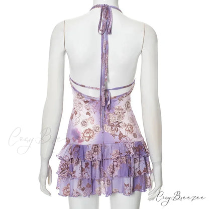 Purple Printed Deep Neck Graceful Frill Mini Strap Dress