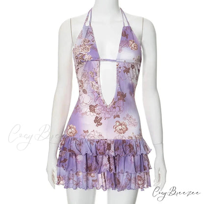 Purple Printed Deep Neck Graceful Frill Mini Strap Dress