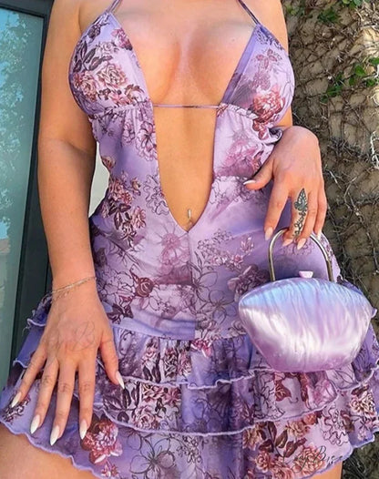 Purple Printed Deep Neck Graceful Frill Mini Strap Dress PURPLE / M