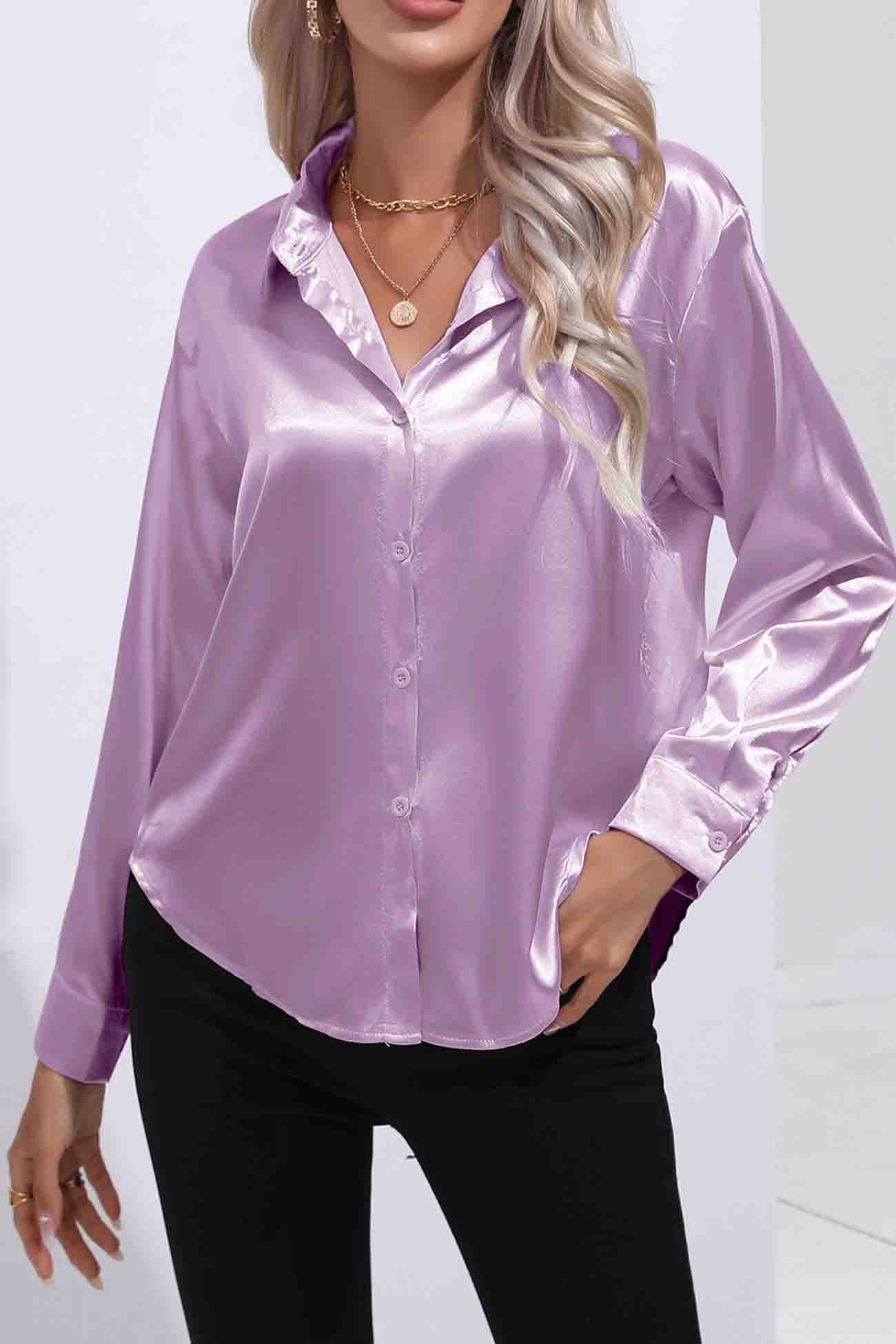 Satin Button Up Blouse with Lapel