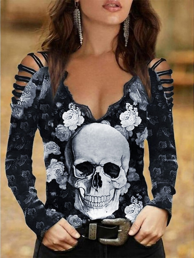 Women's Flowered Off Skull Design Arm Black Painting Regular Cut Out Going Shoulder Blouse Burgundy Tops Neck Basic Tee Fit Halloween Blue Flowered Wine Out Blouse Long Weekend Casual V Cold