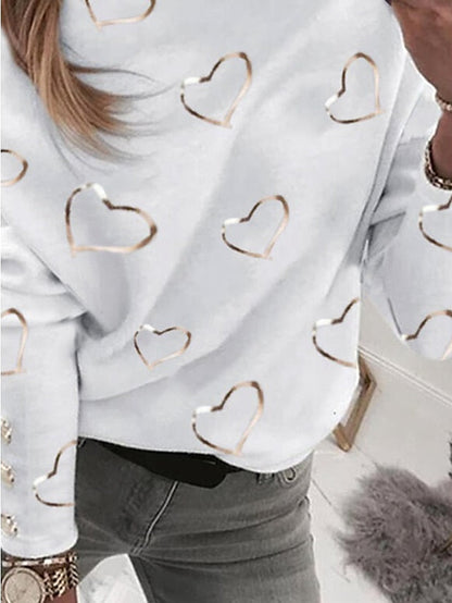 Top Beige Neck Street Pullover Spring Graphic Micro-elastic Sweatshirt White V Long & Arm Women's Fall