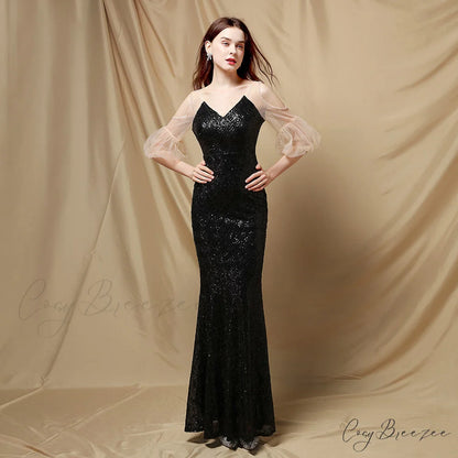 Quinn Sequin Scroll Charming Puff Sleeve Dress BLACK / S