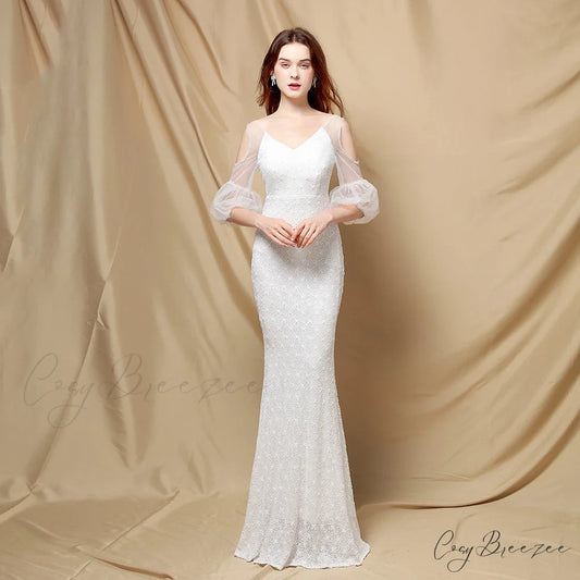 Quinn Sequin Scroll Charming Puff Sleeve Dress WHITE / S