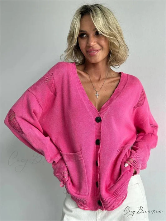 Ragged Button Up Oversized Cardigan Rose Red / S cardigans-241228