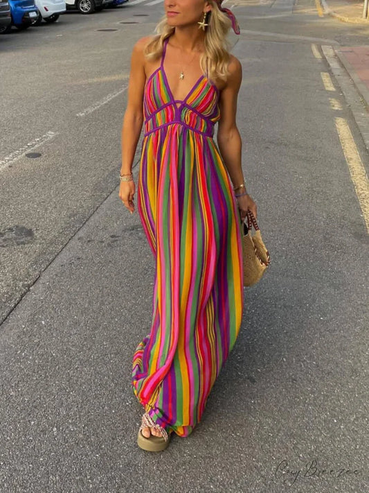 Rainbow Stripe Print Charming V-Neck Maxi Dress Multicolor / S