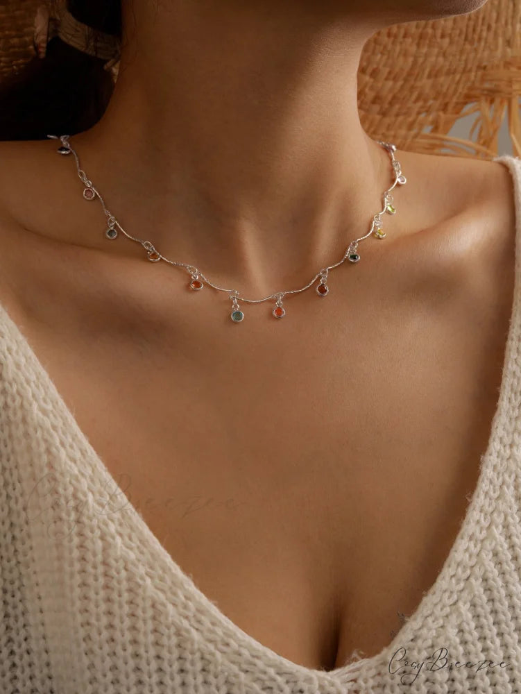 Random Color Rhinestone Charm Necklace Silver / one-size