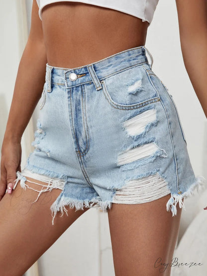 Raw Hem Distressed Denim Shorts Light Wash / XXS