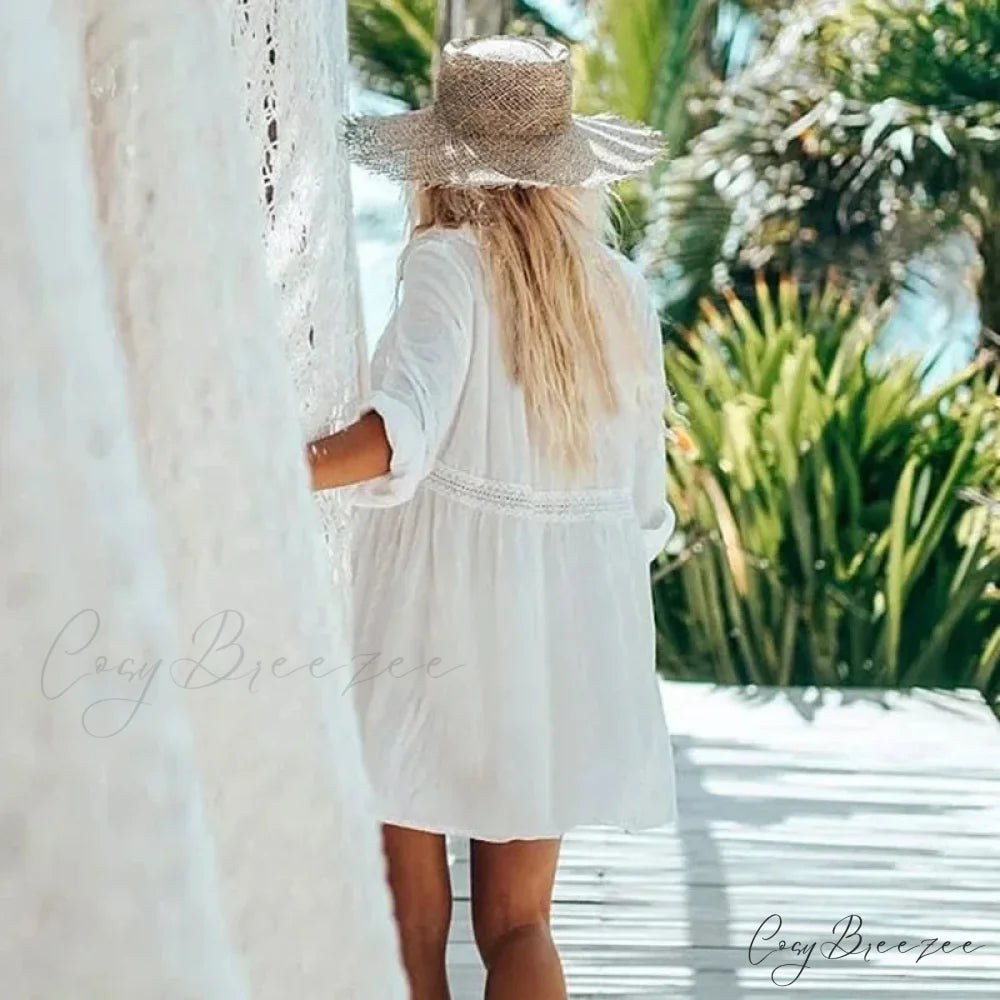 Rayon Lace Loose Boho White Mini Dress White / One Size bohodress-250126