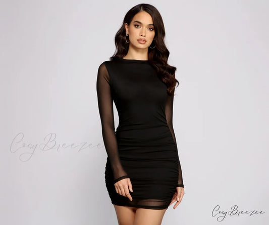 Ready and Ruched Charming Mesh Mini Dress BLACK / XS