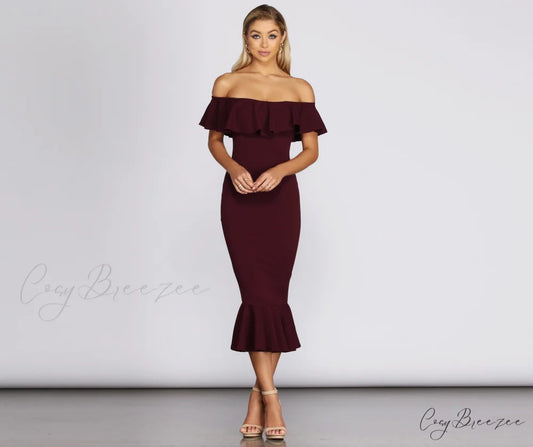 Ready And Stylish Ruffled Midi Dress BURGUNDY / XS