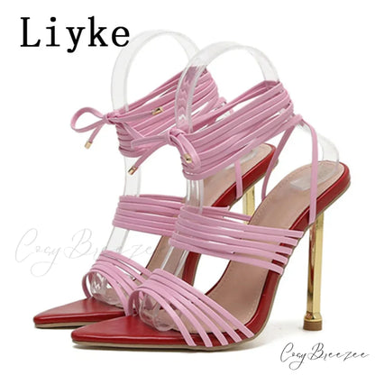 Red Blue Thin High Heels Sandals Size 35-42 Pointed Toe Snake Print Lace Up Shoes Female Pumps Summer Fashion Red / 35