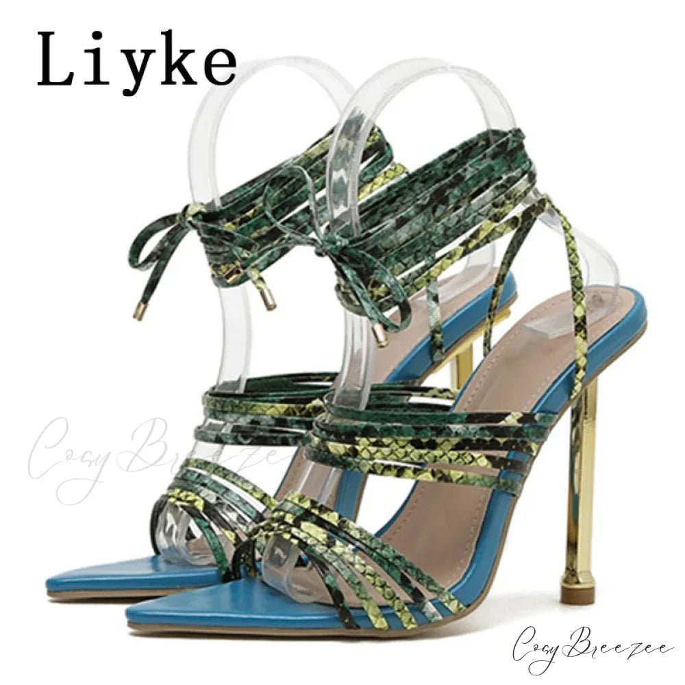 Red Blue Thin High Heels Sandals Size 35-42 Pointed Toe Snake Print Lace Up Shoes Female Pumps Summer Fashion Blue / 35