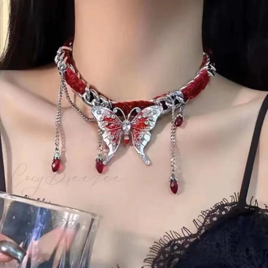 Red Butterfly Versatile Tassel Choker Necklace RED