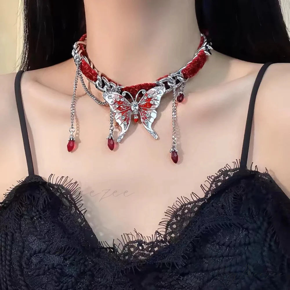 Red Butterfly Versatile Tassel Choker Necklace RED