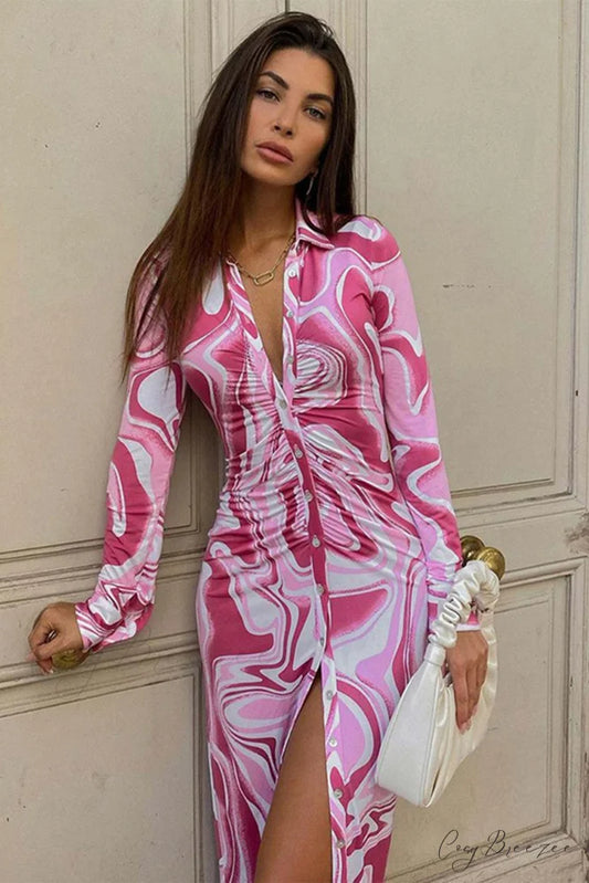 Red Button-Front Printed Shirt Dress Rose Red / S