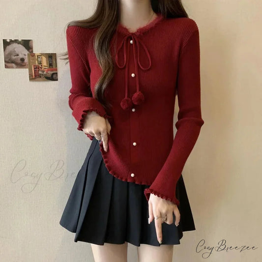 Red Christmas Solid Bow Drawstring Elegant Slim O-Neck Warm Christmas Sweater Red / S