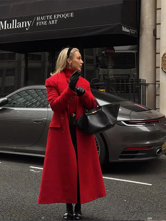 Red Double Breasted Woolen Coat Red / S coats-241228