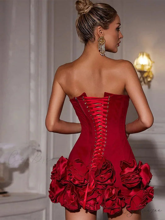 Red Fishbone Bandage 3D Flower Mini Party Dress red 01 / XS floraldress-250126