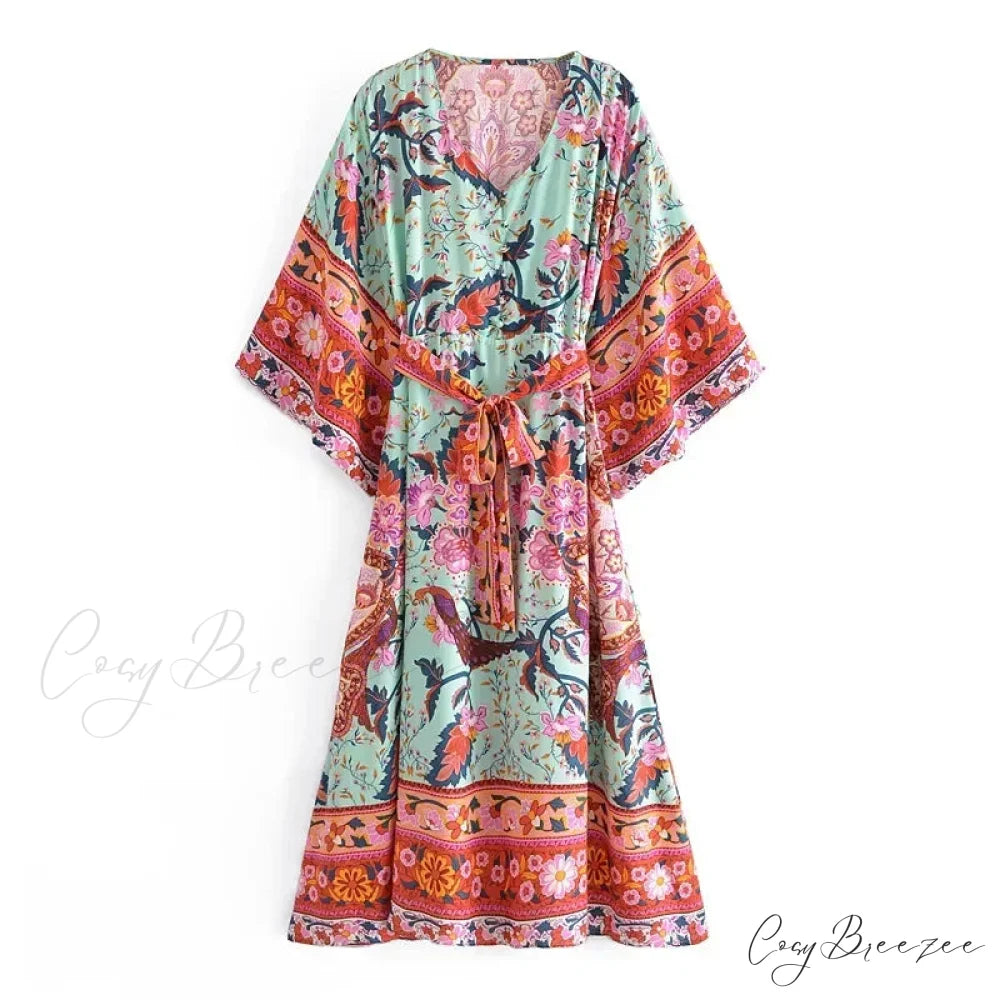 Red Floral Bat Sleeve V-neck Kimono Cover-up Boho Dress Green / S bohodress-250126