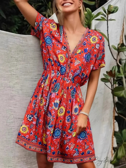 Red Floral Peacock Print V-neck Short Sleeve Casual Mini Dress Red / S bohodress-250126