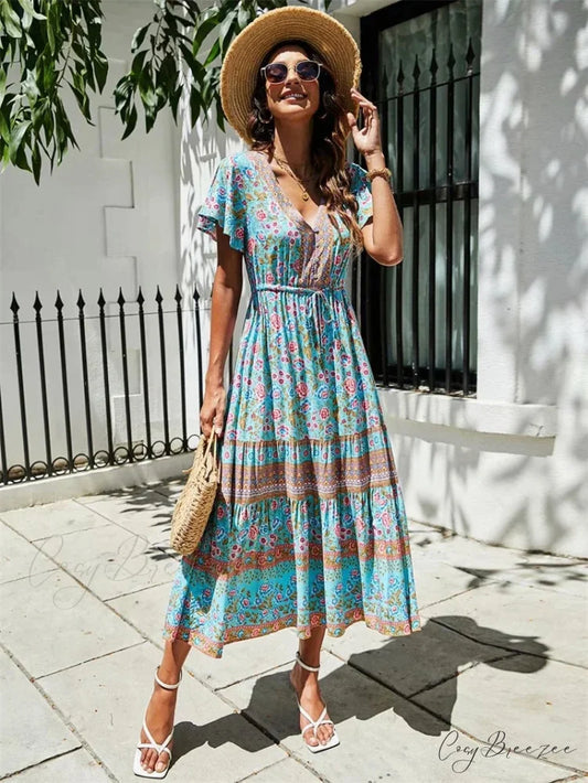 Red Floral Print Bat Sleeve Tassel V-neck Summer Boho Dress light blue / S bohodress-250126
