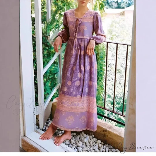 Red Floral Print Sashes Rayon Cotton Pleated Maxi Dress Purple / S bohodress-250126