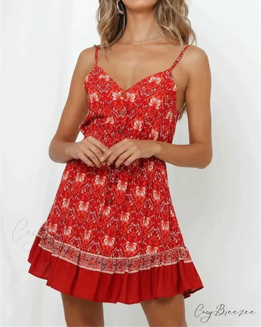 Red Floral Print Strapless Sleeveless Rayon Mini Beach Dress Red / S bohodress-250126