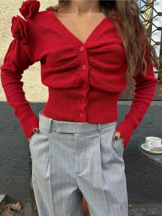 Red Flower V-neck Knitted Cardigan Red / S