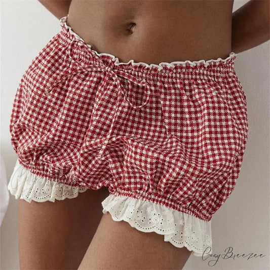 Red Gingham Lace Trim Bloomer Shorts short-250223