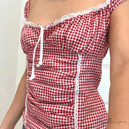Red Gingham Ruffled Crop Top croptop-250223