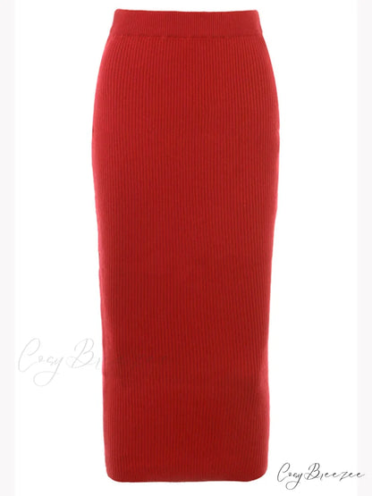 Red Knit-Blend Stylish Maxi Skirt